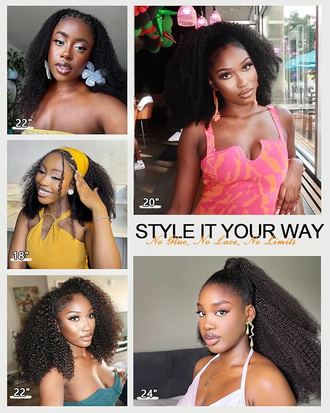 ‌Kinky Curly Half Wig Human Hair With Drawstring 200% Density, Seamless 3 In 1 Flip Over Afro Kinky Curly Wig Human Hair Glueless Wear and Go Headband Curly Half Wigs for Black Women 18 Inch