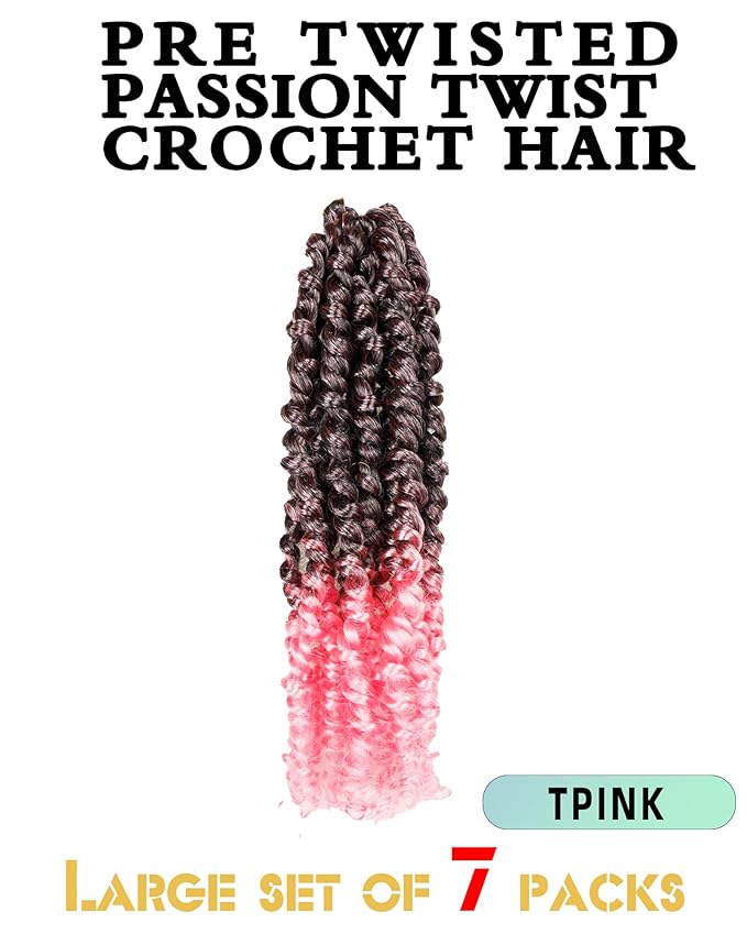 Pre-Twisted Passion Twist Crochet Hair for Black Women Passion Twist Hair Pre Looped Bohemian Braids 10 Inch 7 Packs Ombre Pink Short Bob Curly Braiding Hair Extensions(10"-7P,T1B/Pink)