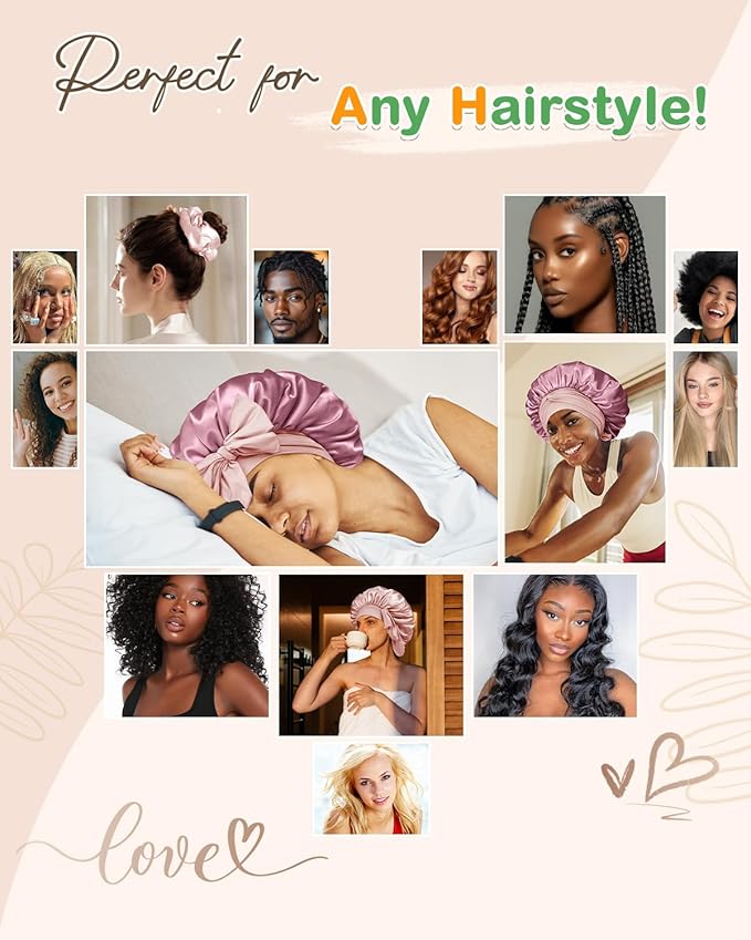 BONNET QUEEN Silk Bonnet for Sleeping Women HYALURONIC Acid Reversible Double Layer Satin Bonnet Night Sleep Cap Wrap for Curly Hair with Adjustable Tie Band & Scrunchie, Cream Pink & Rose Gold