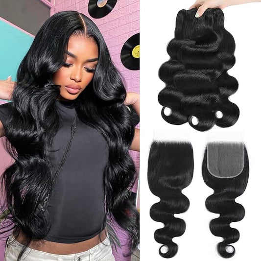 12A Human Hair Bundles with Closure 26 28 30+22 Inch Brazilian Body Wave Bundles Human Hair 100% Unprocessed Virgin 3 Bundle Deals with 5x5 HD Lace Closure