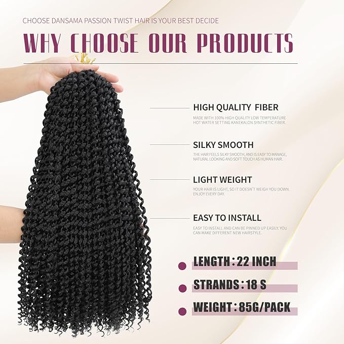 Dansama 7 Packs Passion Twist Hair Water Wave Braiding Hair for Butterfly Style Crochet Braids Bohemian Hair Extensions (22inch (Pack of 7), #1B)