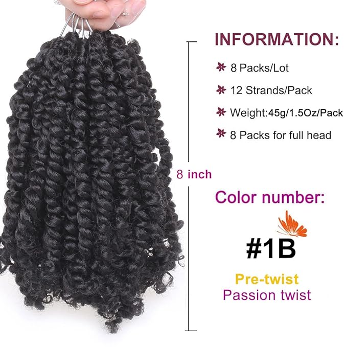ZRQ Short 8 Packs Pre-twisted Bob Passion Twist Crochet Hair with Curly Ends 8 Inch Pre looped Black Passion Twists Hair 12 Roots/Pack Synthetic Bohemian Crochet Braids Hair for Black Women 1B#