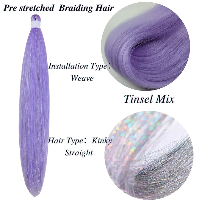 Lavender Tinsel Braiding Hair Pre stretched Braiding Hair for Glitter Braids Festival Braids Cosplay