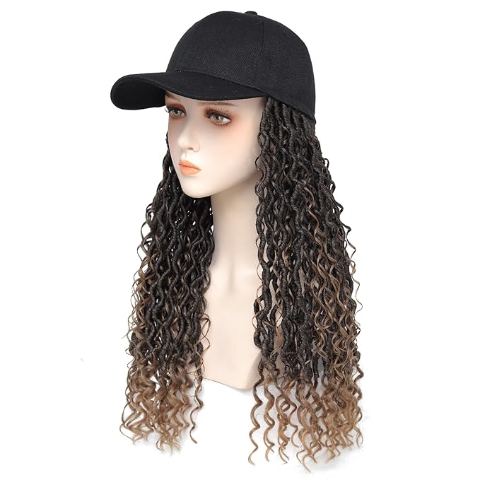 Braided Baseball Cap Wig Faux Locs Hair Extensions with Hat Ombre Light Brown Cap Wig with 18inch Long Synthetic Braiding Hair Attached for Women (18inch T/brown)