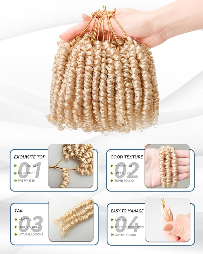 Short Passion Twist Crochet Hair for Black Women and Kids,Pre-Twisted Pre Looped Passion Twist Hair,4 Inch 8 Packs Blonde Short Bob Spring Twist Bohemian Braids,Curly Hair Extensions(4"-8P,613#)