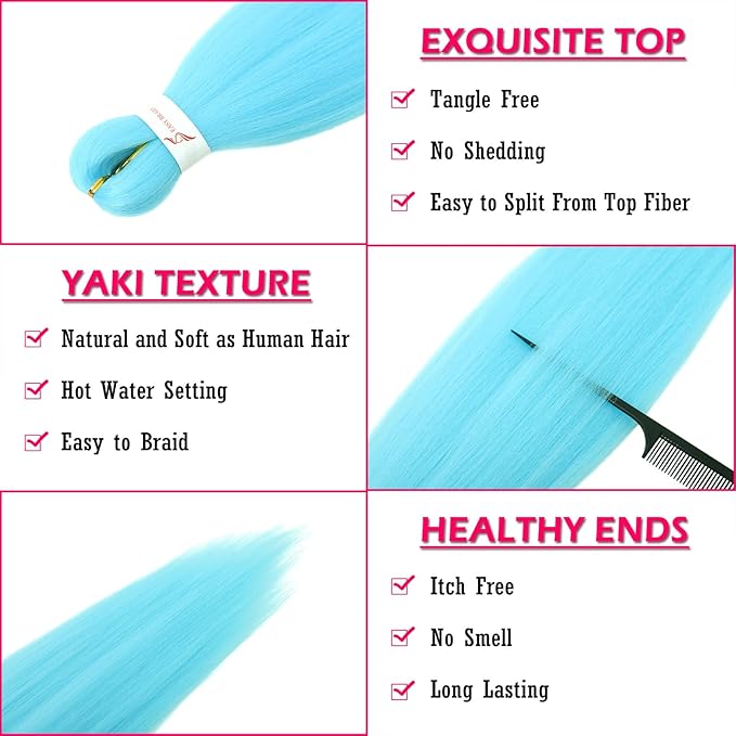 Dorsanee Light Blue Braiding Hair Pre Stretched 24 Inch 3 Packs Braiding Hair Extensions for Box Braids Twists Locs Hair Soft Yaki Texture Hot Water Setting (#Light Blue)