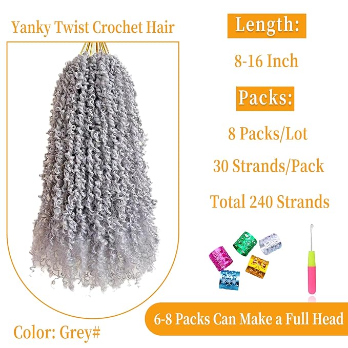 10 Inch Pre-Looped Yanky Twist Crochet Hair, 30 Strands/Pc, Mini Passion Twists, Senegalese Braiding Hair (Grey#, 8 Pcs/Pack)