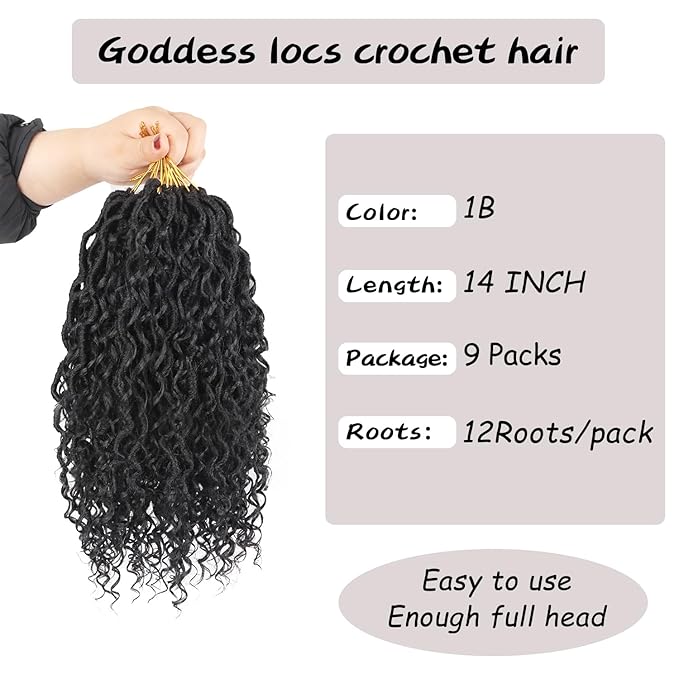 Goddess Locs Crochet Hair,Vemet 14 Inch 9 Packs Synthetic Faux Locs Crochet Hair for Black Women,River Locs Hair Extensions Boho Style Pre looped Faux Locs with Curly Ends