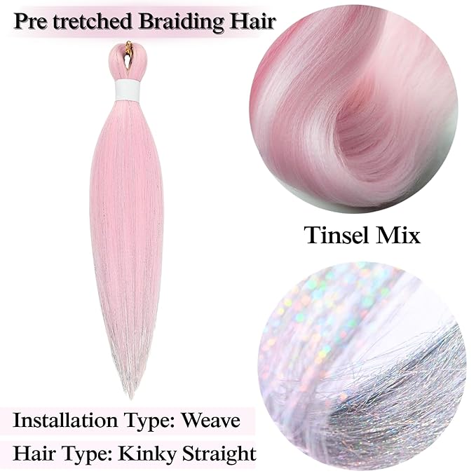 Tinsel Kids Braiding Hair Pre stretched Light Pink Braiding Hair for Glitter Braids Festival Braids Cosplay
