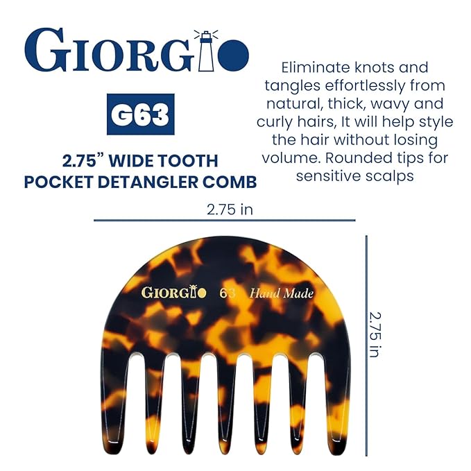 Giorgio G63 Wide Tooth Detangling Hair Comb, Pocket and Travel Comb for Thick Hair - Handmade, Saw-Cut, and Polished for Wet and Dry Everyday Care