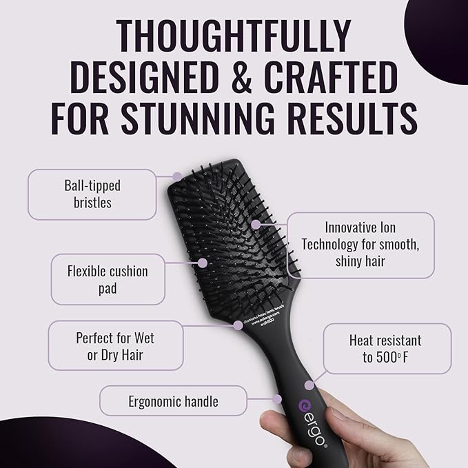 ERGO Mini Ionic Polishing Paddle Brush - Small Detangling Hair Brush for Wet & Dry Use - Professional Hair Care Styling Tool (ER500)