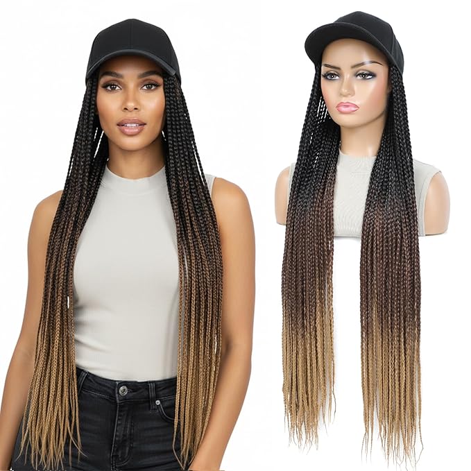 Hat Wig for Women Baseball Cap with Braided Hair Attached 30inch long Synthetic Ombre Box Braid Wig Hat Adjustable Cap with black brown light brown Braids for Daily Outdoor Use