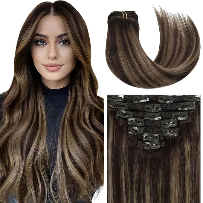 Caliee Clip in Hair Extensions Human Hair 7 Pcs Double Weft Lace Hair Balayage R2/2/6 Dark Brown Mixed Chestnut Brown Clip in Human Hair Extensions 140 G 20 Inch Natural Straight Remy Hair