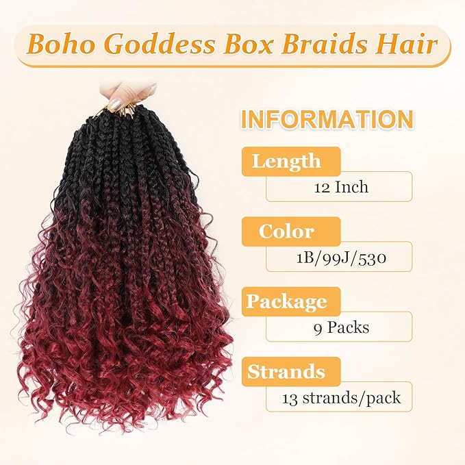 Goddess Box Braids Crochet Hair 12 Inch, 9 Packs Boho Box Braids for Black Women Pre-Looped (12Inch 9 Packs, T99J530)