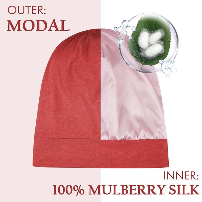 OLESILK Silk Bonnet for Sleeping Women: 100% Mulberry Silk for Frizz Free Curly, Adjustable Strap for Non Slip, Red