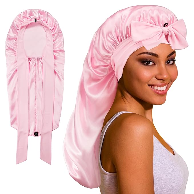 ROYBENS Long Bonnet Satin Hair Silk Bonnet for Sleeping Women, Silky Bonnets for Women with Tie Band, Sleep Cap for Braids Curly Hair