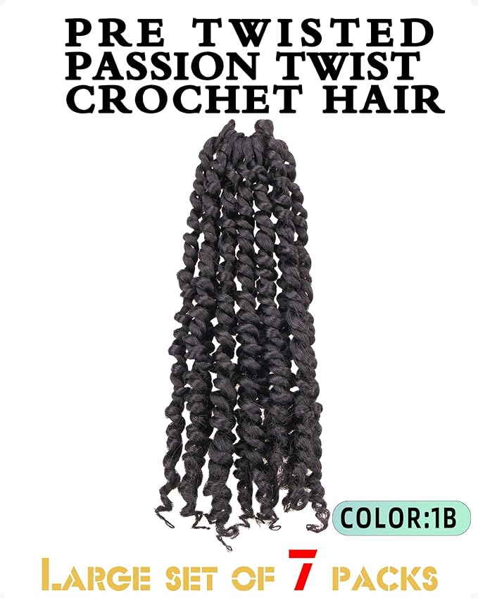 Pre-Twisted Passion Twist Crochet Hair for Black Women Passion Twist Hair Pre Looped Bohemian Braids 10 Inch 7 Packs Natural Black Short Bob Curly Braiding Hair Extensions(10"-7P,1B)