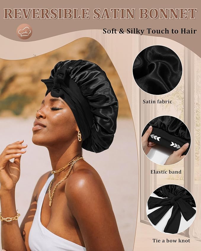 Reversible Satin Bonnet for Sleeping Women Double Layer Hair Bonnet with 2PCS Hair Scrunchies Elastic Tie Band Night Cap