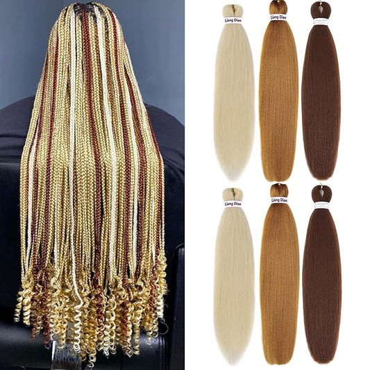 Pre-Stretched Braiding Hair 22 Inch 6 pcs Hot Water Setting Synthetic Hair Crochet Braiding Hair Extension (613# and 27# and 30#)