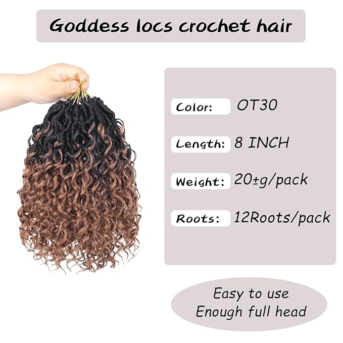 Goddess Locs Crochet Hair,8 Inch 9 Packs Faux Locs Synthetic Crochet Hair for Black Women, Boho Style Pre looped crochet with Curly Ends