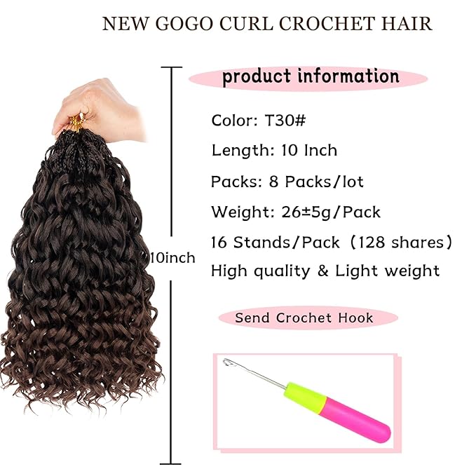 10 Inch Gogo Curl Crochet Hair 8 Packs Pre-Looped Deep Short Curly Crochet Hair Natural Water Wave Curly Beach Curl Crochet Hair Curly Braiding Hair Extensions for Women (16Strands/pack T30#)