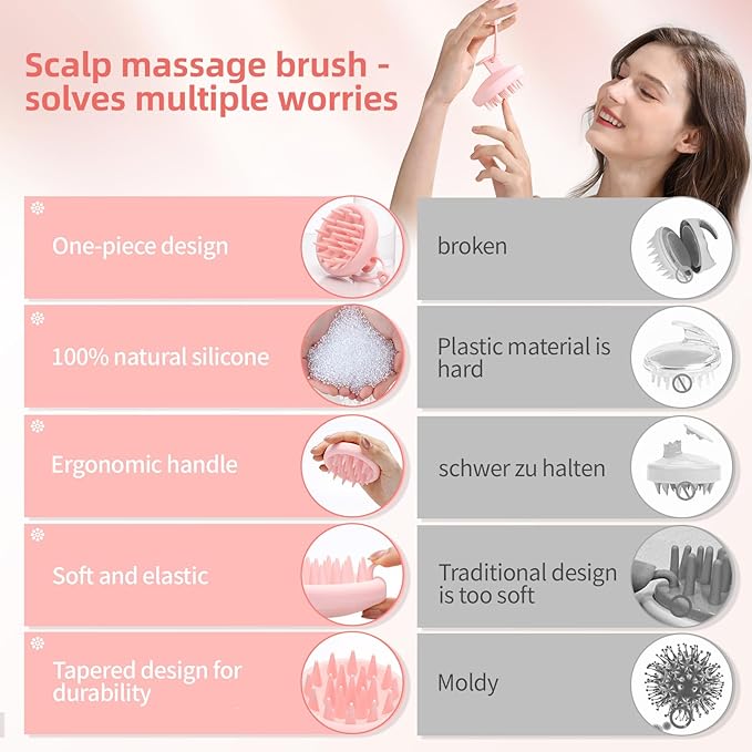 Scalp Massager Shampoo Brush, Scalp Scrubber with Soft Silicone Bristles, Scrubber Scalp Exfoliator for Dandruff Removal，Hair Grouth,Wet Dry Hair Massager Brush for All Hair (Pink)