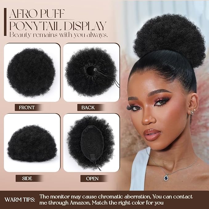 Afro Puff Ponytail for Black Women #1 Black 4c Human Hair Kinky Curly Human Hair Clip in Hair Extensions for Black Women