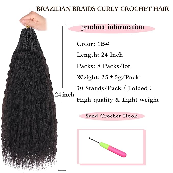 Xtrend Pre Looped Micro Brazilian Kinky Curly Crochet Hair 24 Inch 8 Packs Black Micro Curly Braiding Hair Extensions Synthetic Deep Wave For Mini Senegalese Twist Hair For Boho (30 Strands/Pack，1B#)