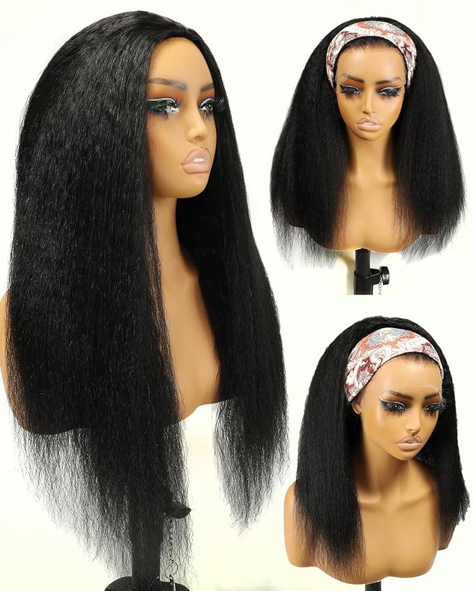 BEEOS Half Wig Human Hair Kinky Straight, 3 In 1 Drawstring Wear Go Glueless Wigs 180% Density, Non-Slip Seamless Flip Beginner Friendly 18 Inch