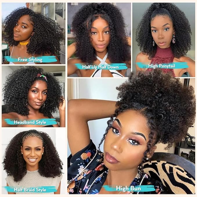 Wear Go Kinky Curly Half Wig Human Hair 18 Inch Glueless Wigs Human Hair 200% Density 3 In 1 Half Wigs for Black Women Curly Seamless Flip Wig Invisible Hairline Beginner Friendly