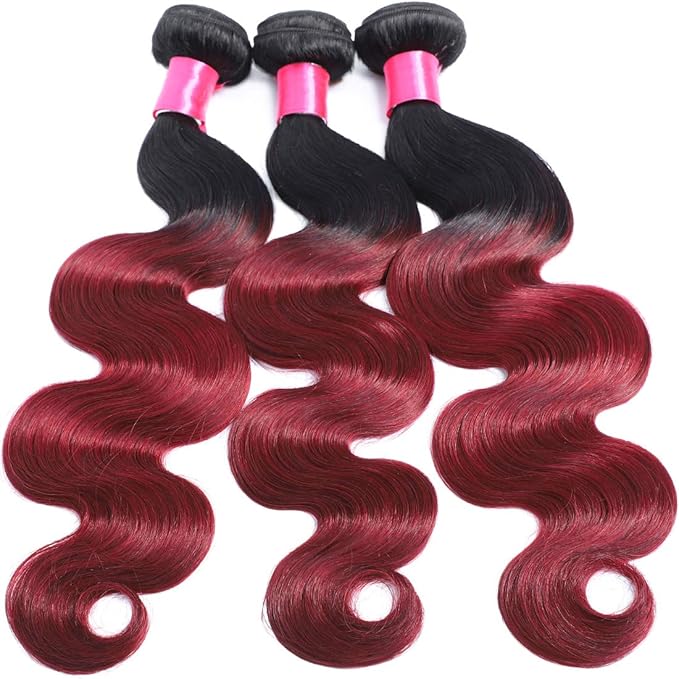 Ombre Human Hair Bundles 1b/99j Brazilian Two Tone Black and Burgund Ombre Body Wave 3 Bundles 10 12 14 inch 100% Unprocessed Virgin Human Hair Bundles Weaves Extensions for Women