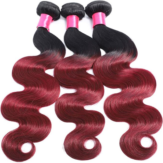 Ombre Human Hair Bundles 1b/99j Brazilian Two Tone Black and Burgund Ombre Body Wave 3 Bundles 10 12 14 inch 100% Unprocessed Virgin Human Hair Bundles Weaves Extensions for Women