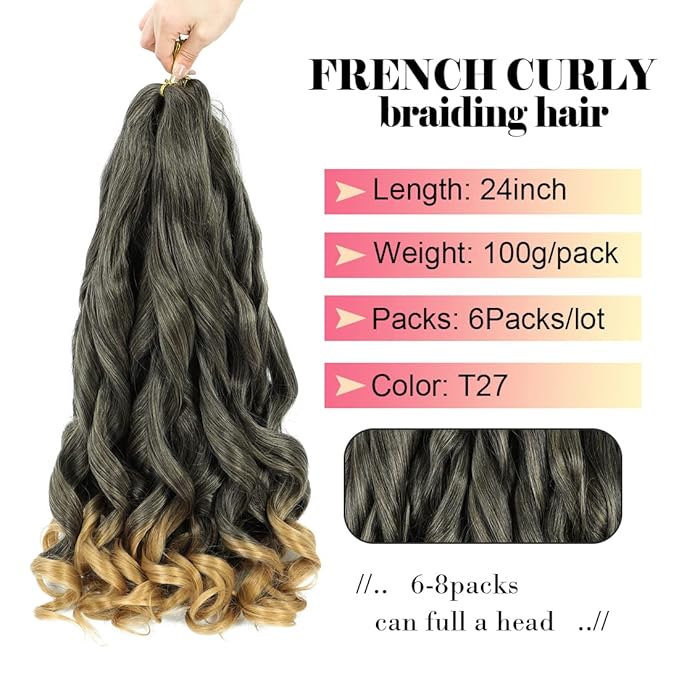 6packs French Curl Braiding Hair - 24 Inch Loose Wave Bouncy Pre Stretched Yaki Curly Braiding Hair for Black Women - 100g/pack (T27)