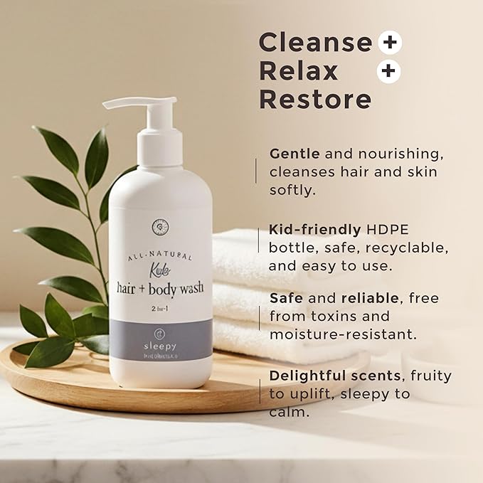 Rowe Casa Organics 2-in-1 Kids Hair & Body Wash with Therapeutic Essential Oils – Sleepy Kids Shampoo & Body Wash with Floral, Relaxing & Calming scent – 16 Fl. Oz