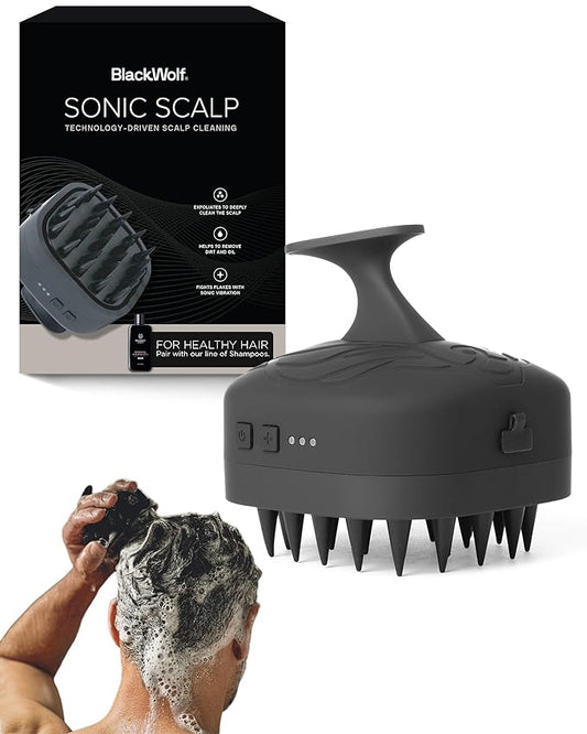 Black Wolf Sonic Scalp Scrubber - Electric Hair & Scalp Massager Brush with 3-Speed Oscillation - Rechargeable Shower Brush & Head Scrubber with Soft Silicone Bristles for Deep Clean & Exfoliation