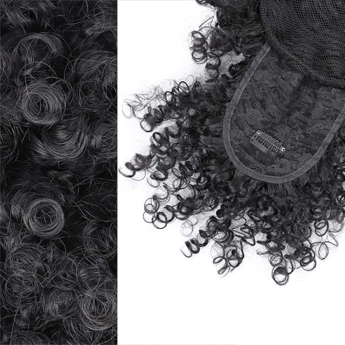 ENTRANCED STYLES Drawstring Ponytail with Bangs Afro Puff Ponytail Extensions for Women Short Curly Puff Ponytail with Bangs Clip in Wrap Updo Hairpiece for Women(1B)