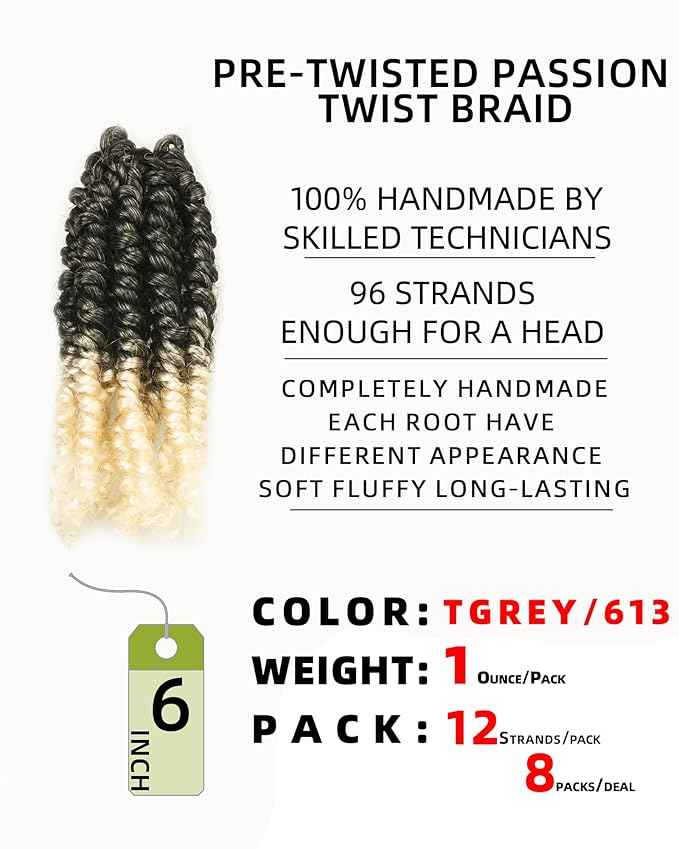 6 Inch 8 Packs Pretwisted Pre Looped Passion Twist Crochet Hair for Black Women and Kids-Ombre Grey to Blonde Off-white,3 Tones Synthetic Braided Hair Extensions(6 Inch-8 Packs,Gray/27/613)