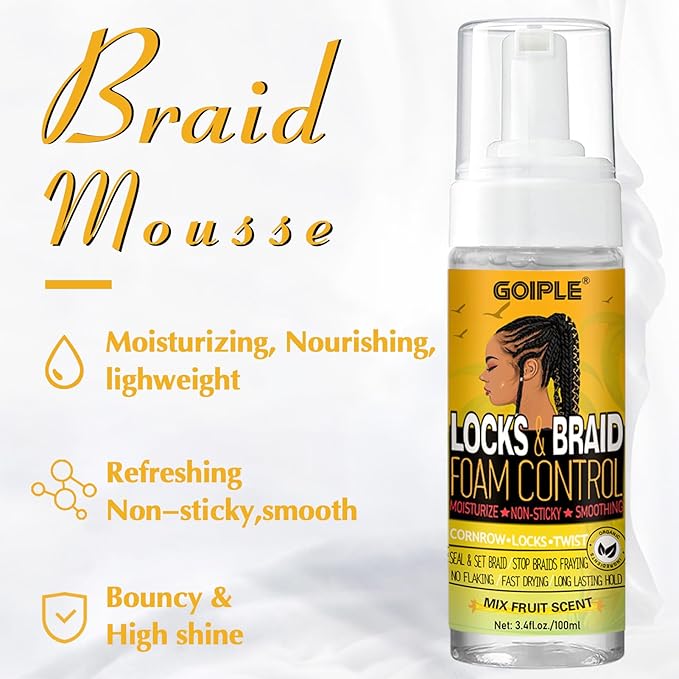 Braid Foam Control Mousse for Braids, Twist, Locs - No Flake, Moisturizing Mousse with Rosemary Oil for Hair Growth - Easy to Apply with Sleep Bonnets