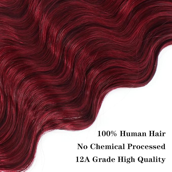 Loose Wave Bundles With Closure Burgundy Color Human Hair Loose Deep Wave Brazilian Virgin Hair 3 Bundles With 4x4 Lace Closure 1B99j Ombre Human Hair Bundles 70g/Bundle (24 26 28+22)