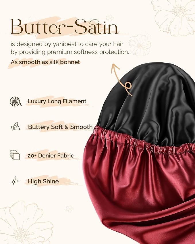 YANIBEST Long Bonnet Braid Bonnet for Sleeping Adjustable Satin Silk Bonnet for Braids Sleep Bonnet for Women Locs Wine Red