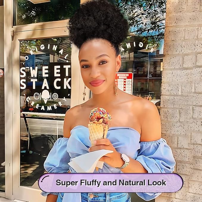 YEAME Afro Puff Drawstring Ponytail for Black Women, Short Kinky Curly Afro Ponytail Synthetic Hair Puffs, Premium Brown Afro Bun Drawstring Ponytail for Women Girls (2 Black Brown)