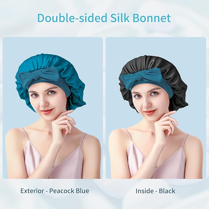 Silk Bonnet for Sleeping Women, 22 Momme 100% Mulberry Silk Sleep Cap, Double-Layer Reversible Silk Hair Wrap for Women & Night Hair Care, Fits All Hair Types – Peacock Blue