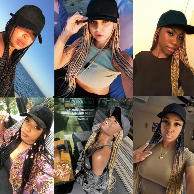 Hat Wig for Women Baseball Cap with blonde Braided Hair Attached Synthetic Box Braid Wig Hat Adjustable Black Cap with 18inch long ombre brown bonde light blonde Braids for Daily Outdoor Halloween Use