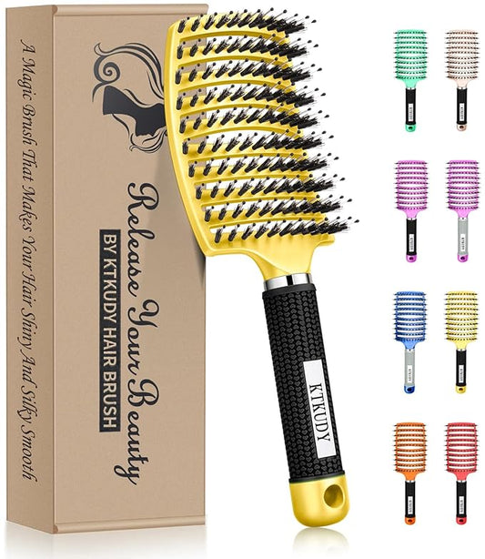 KTKUDY Detangling Brush Boar Bristles Hairbrush Make Hair Shiny & Healthier Curved and Vented Detangler Brush for Women Men Kids Wet and Dry Hair (Yellow)