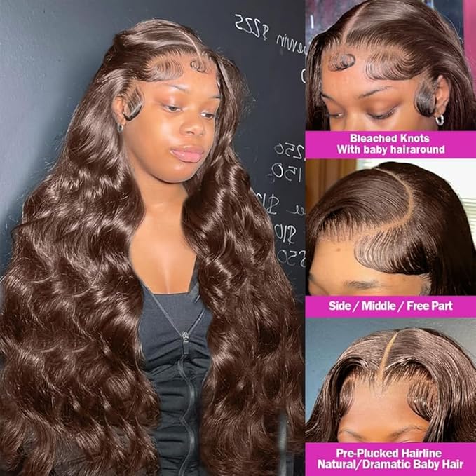 Full 200% Density Brown Lace Front Wigs Human Hair Pre Plucked Chocolate Brown Body Wave Lace Front Wigs for Women Glueless 13x6 HD Transparent Lace Frontal Wig 100% Brazilian Hair 18inch