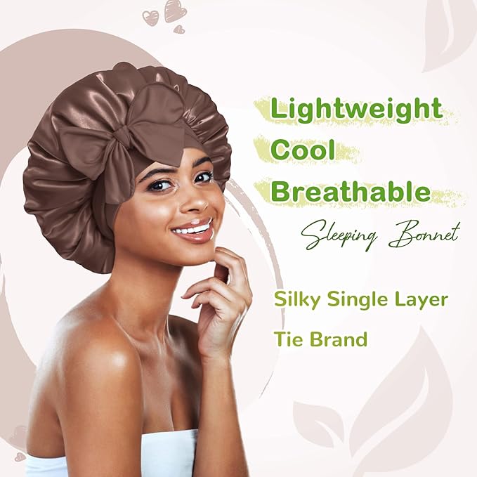 BONNET QUEEN Silk Bonnet for Sleeping Women Satin Bonnet Night Sleep Cap Wrap for Curly Hair with Adjustable Tie Band, Single Layer, Chocolate