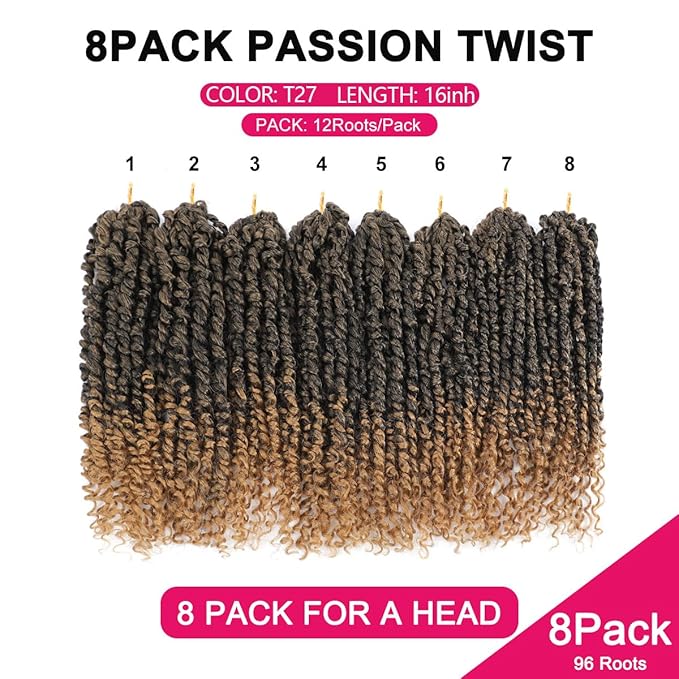 NAYOO Passion Twist Hair - 8 Packs 16 Inch Passion Twist Crochet Hair For Women, Crochet Pretwisted Curly Hair Passion Twists Synthetic Braiding Hair Extensions (16 Inch 8 Packs, T27)