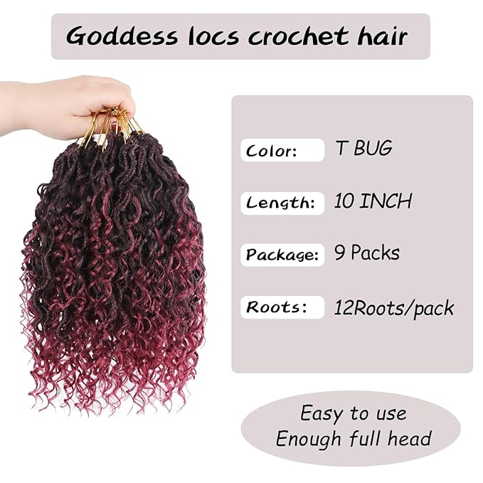 Goddess Locs Crochet Hair,10 Inch 9 Packs Synthetic Faux Locs Crochet Hair for Black Women,River Locs Hair Extensions Boho Style Pre looped Faux with Curly Ends