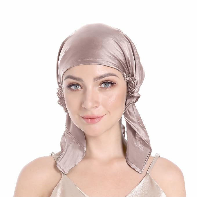 100% Silk Bonnet for Sleeping, Large Silk Sleep Cap with Tie Band for Curly Hair, Dusty Rose