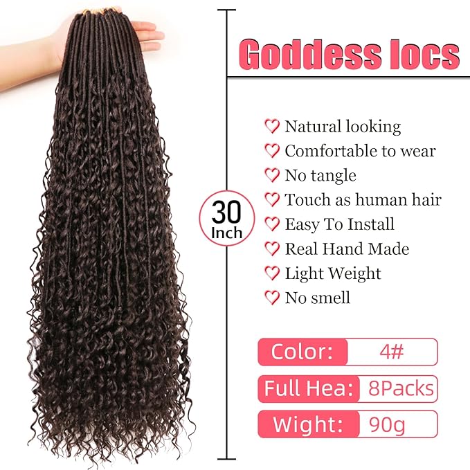 Goddess Locs Crochet Hair-30 Inch 8 Packs Boho Faux Locs Crochet Hair for Black Women Pre Looped Soft Locs with Curly Ends (#4, 30 Inch(Pack of 8))